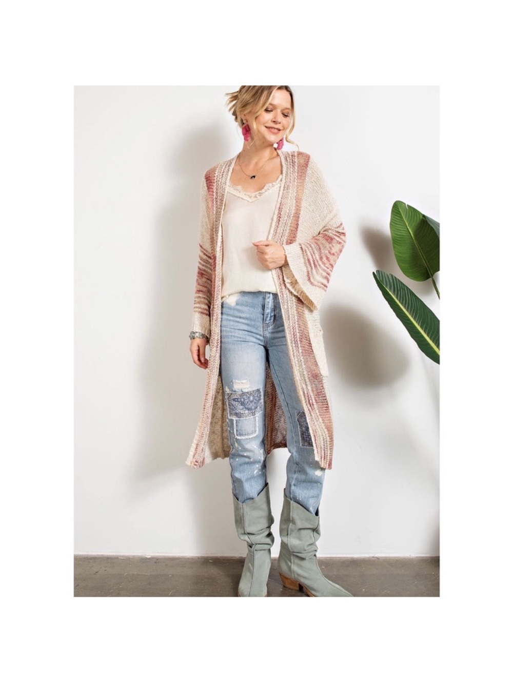 NWT Easel Boho Beach Oatmeal Striped Baja | Knit Open-Front Throw Cardigan - Picture 12 of 16
